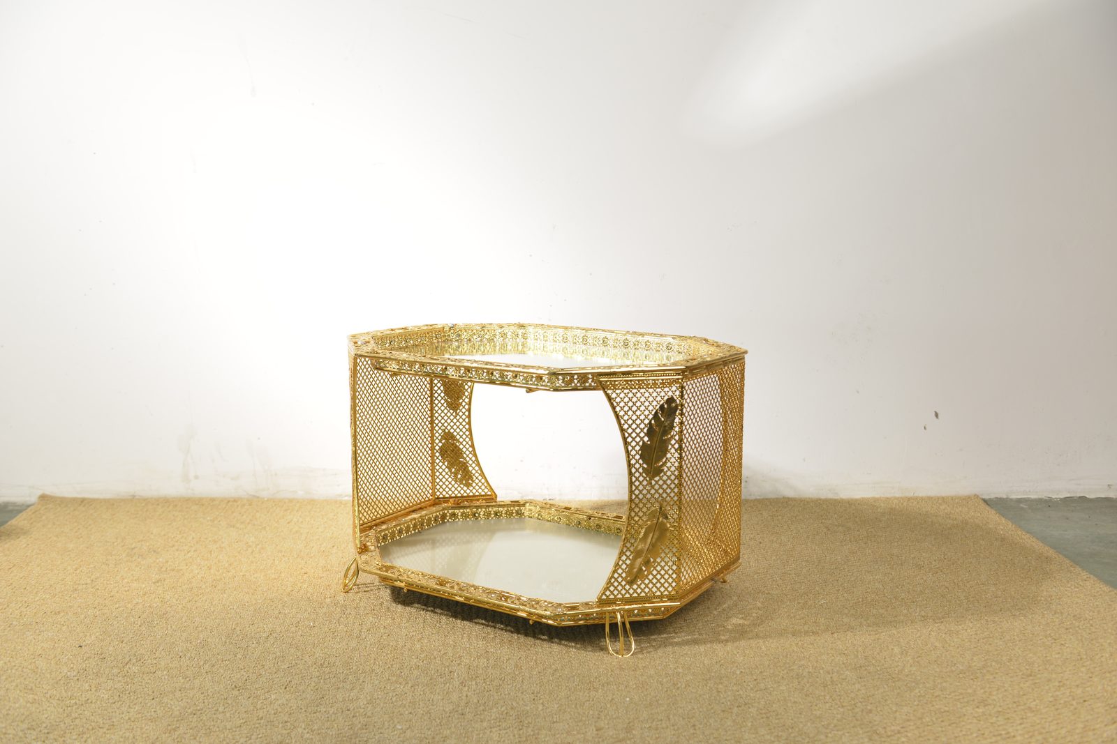 Goldcraft gold side table with tempered-glass top, front view