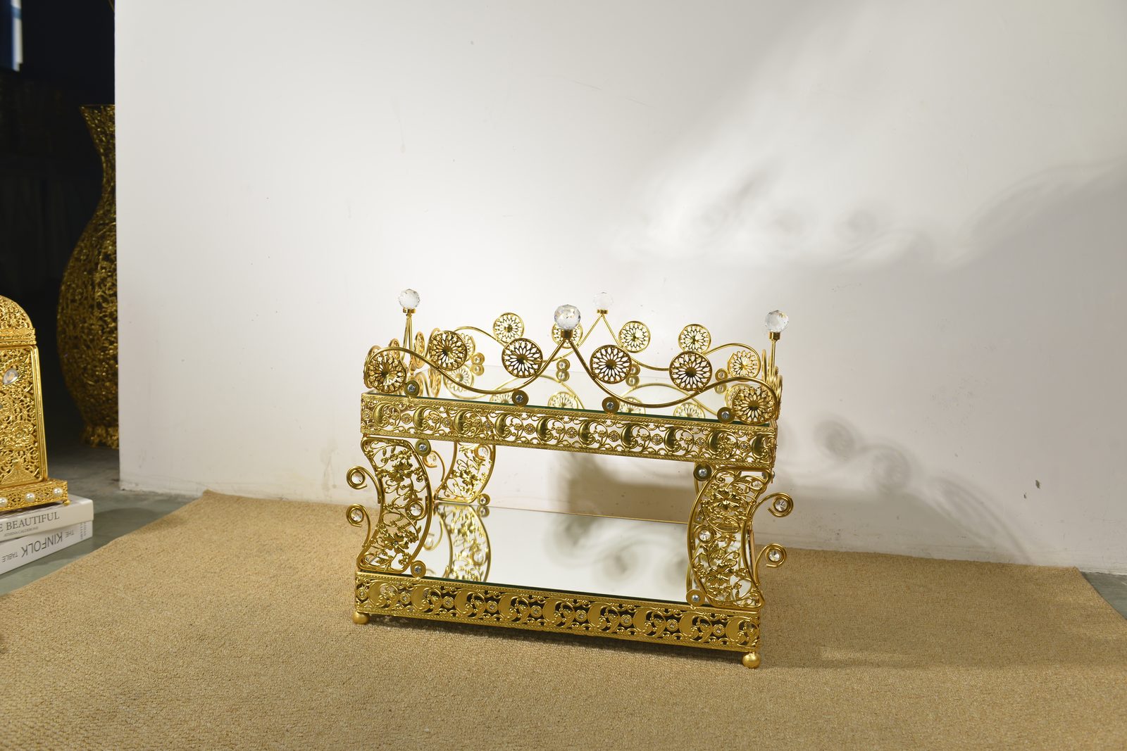 Luxury gold coffee table with marble surface, hotel lobby staging